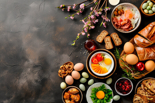 beautiful fresh easter breakfast with a lot of different food and copy sapce