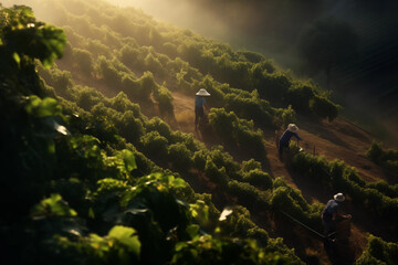 Fototapeta na wymiar As morning mist swirls around the greenery, vineyard laborers with baskets in hand work diligently among the rows of grapevines. 