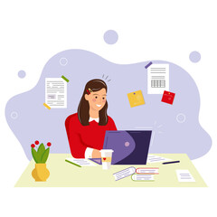 Vector image of a student sitting at her laptop and studying online