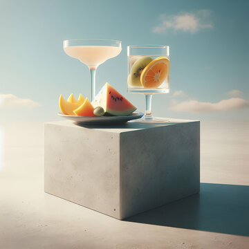 A closeup of cocktail glasses on a concrete simple podest against the sky blue background. Minimal drink concept.  Summer fruit concept. 