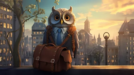 Tuinposter A trendy owl with a messenger bag, perched on a tree branch in the city ©  ALLAH LOVE