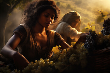 Amidst the golden rays of the setting sun, women in timeless attire are deeply engrossed in picking grapes from a lush vineyard.
 - obrazy, fototapety, plakaty