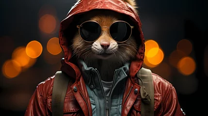 Tuinposter A trendy squirrel flaunts a streetwear-inspired ensemble, complete with a hoodie and fashionable sunglasses. It strikes a pose against a solid background, exuding urban style and confidence ©  ALLAH LOVE
