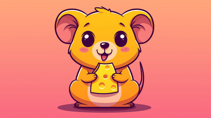 A charming cartoon illustration of a yellow hamster with a big smile, holding a piece of cheese, set against a soft pink background, radiating cuteness and joy.