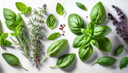 collection of fresh herb leaves thymeand basil spices herbs on a white table food background design element with shadow on background - obrazy, fototapety, plakaty