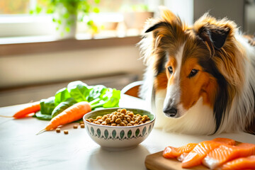 Shetland Sheepdog with bowl of dry food, fresh vegetables and salmon. Healthy eating concept.