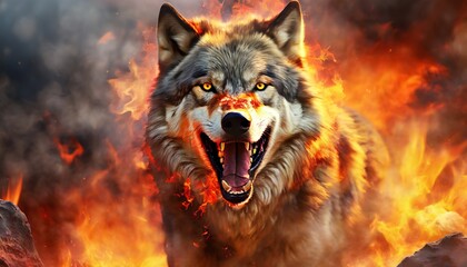 furious wolf in the fire of destruction angry furry wolf with a growl giving a death stare beast...