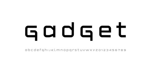 Technical future font, digital cyber alphabet, trendy lowercase letters A-Z and numerals 0-9