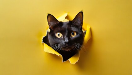 funny black cat looks through ripped hole in yellow paper naughty pets and mischievous domestic animals peekaboo copy space