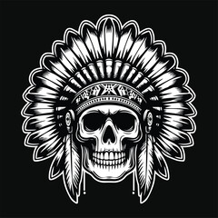 Dark Art Indian Skull Head with Indian Hat Black and White Illustration