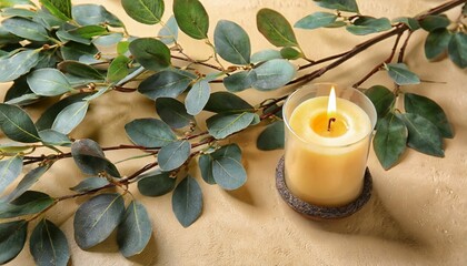 Obraz na płótnie Canvas scented candle and plant branch on beige background