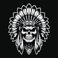 Dark Art Indian Skull Head with Indian Hat Black and White Illustration
