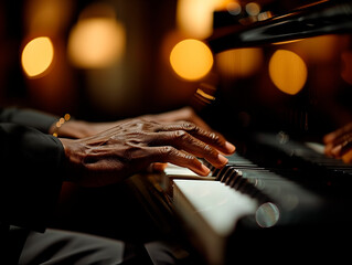 Pianist's hands on the keyboard of a grand piano