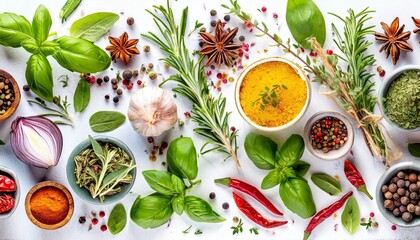culinary herbs and spices shot from above on a white background cooking pattern a flat lay panorama