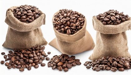 set of coffee beans pile and in a bag different look on a white background isolated