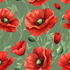 Summer seamless pattern with bright red poppy flowers and poppy seed pods on green background. Surface design for interior decoration, textile printing, printed issues, invitation cards