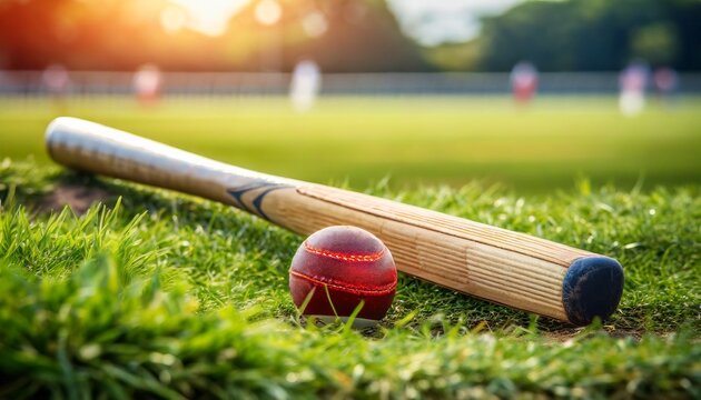 cricket bat and ball on green grass
