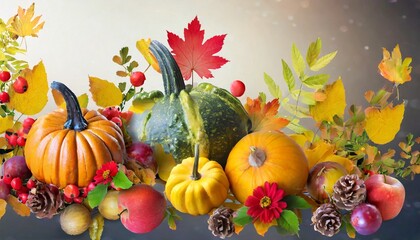 Obraz na płótnie Canvas bright background with beautiful thanksgiving decorating pumpkins with fruits flowers vegetables and leaves ai generated