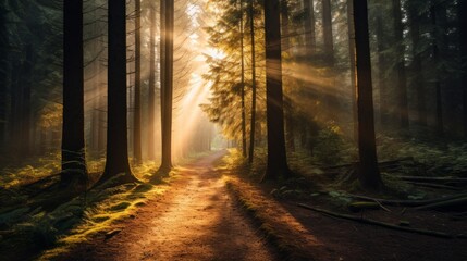 Moody forest with golden sunlight filtering through