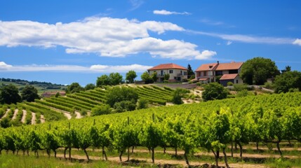 Fototapeta na wymiar Pension nestled among vineyards, offering grapevine vistas and wine experiences