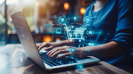 
Online shopping, internet technology, and digital marketing: Women use laptops for online shopping, digital payments, and 24/7 access to online services, fostering business delivery in e-commerce. - obrazy, fototapety, plakaty