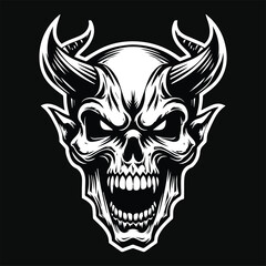 Dark Art Angry Demon Skull Head with Horn Black and White Illustration