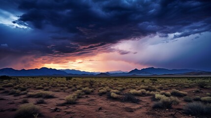 Stormy and moody desert landscape in twilight