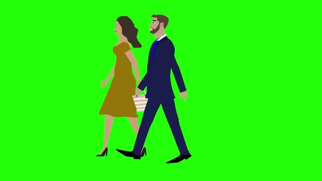 Animation with Man and women character walking side view, seamless loop on green screen, chroma key