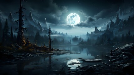 An enchanting silver moon reflecting on a glassy lake