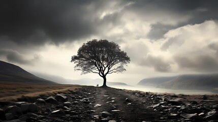 An ethereal black and white photograph of a lone tree standing tall against a cloudy sky - Powered by Adobe