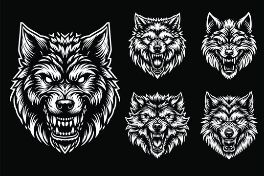 Dark Art Angry Wolf Head Black and White Illustration