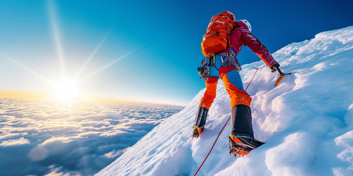 A dramatic image of a climber in bright, contrasting gear, ascending a snowy mountain peak during sunrise.