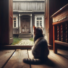 Behind a sad cat sits in front of the door, looking out, waiting for its owner to return. - obrazy, fototapety, plakaty