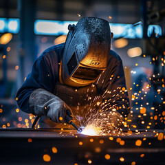 Welder in a workshop welds metal together