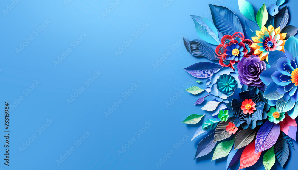 Aufkleber vibrant paper flowers and leaves in quilling technique on a blue background. craft and design concep