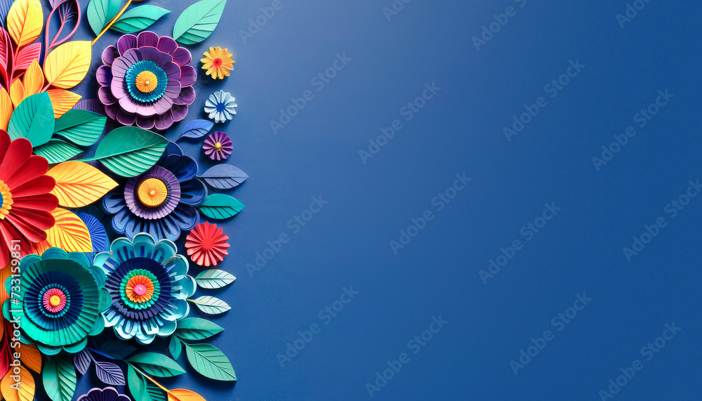 Poster assorted colorful paper flowers on a gradient blue background. creativity and floral art concept. ge