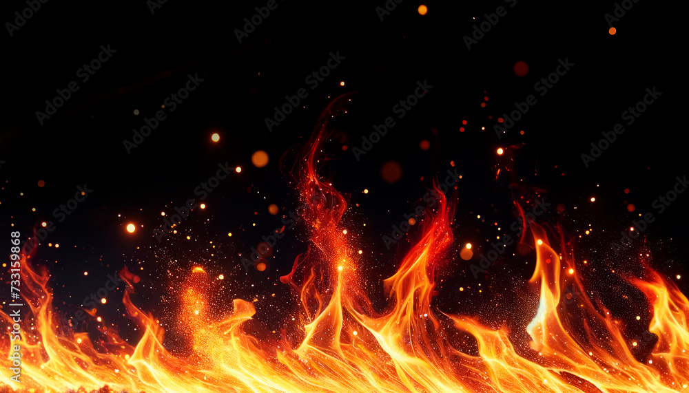 Aufkleber intense fire swirls with bright sparks on a black backdrop. energy and warmth concept. generative ai