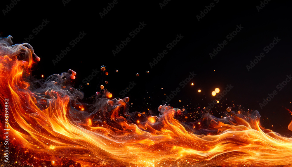 Poster flowing fire and smoke creating a mesmerizing backdrop with lively sparks. energy and motion concept