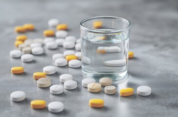 White and yellow tablets, along with a beige capsule, are spread out on a gray tabletop next to a glass of water