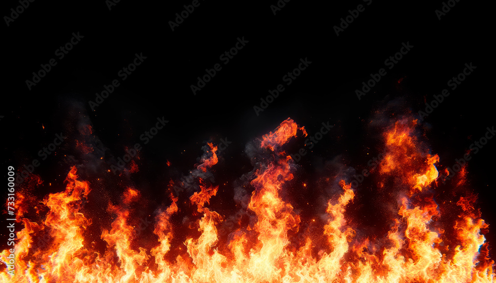 Poster dramatic fiery display with ascending flames and smoke on a black stage. generative ai