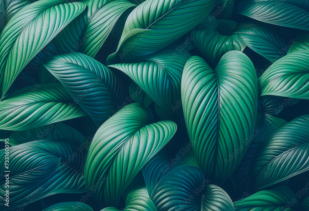 Poster Realistic green leaves pattern with detailed textures on dark background. Generative AI