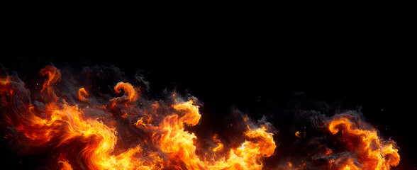 Wide angle view of dynamic fire and smoke on a dark background. Energy and drama concept. Generative AI