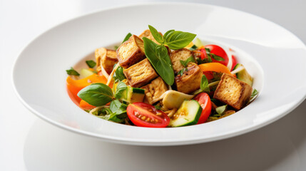 A vegan tofu salad with vegetables on white plate. Top view