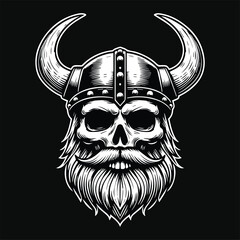 Dark Art Viking Skull Head with Viking Hat and Beard Black and White Illustration
