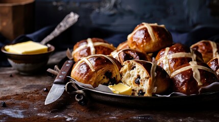 Hot cross buns on wooden cutting board served with butter, and knife. Top view. - obrazy, fototapety, plakaty