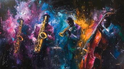 Colorful Painting of Jazz Musicians Performing with Passion - obrazy, fototapety, plakaty