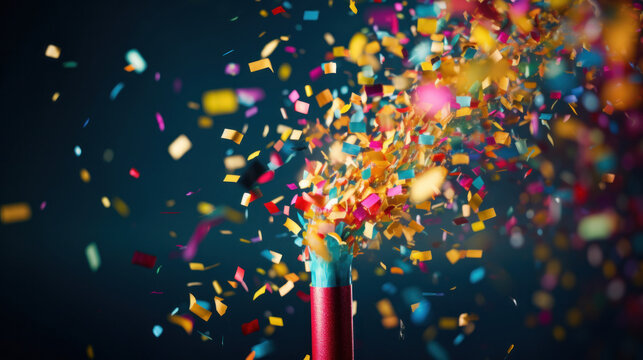 Colored confetti exploding party popper on studio background.
