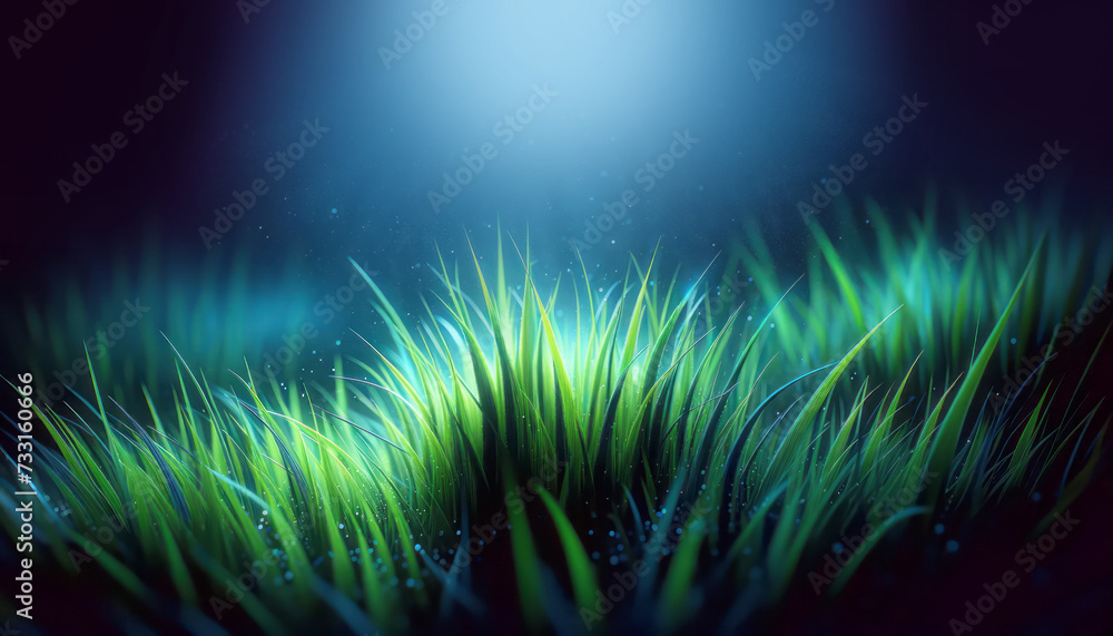 Poster luminous grass with dew under ethereal blue light, symbolizing tranquility and freshness. generative