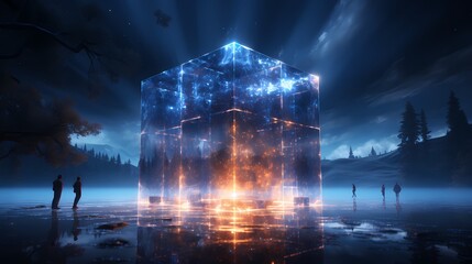A captivating indigo cube floating weightlessly in space - obrazy, fototapety, plakaty