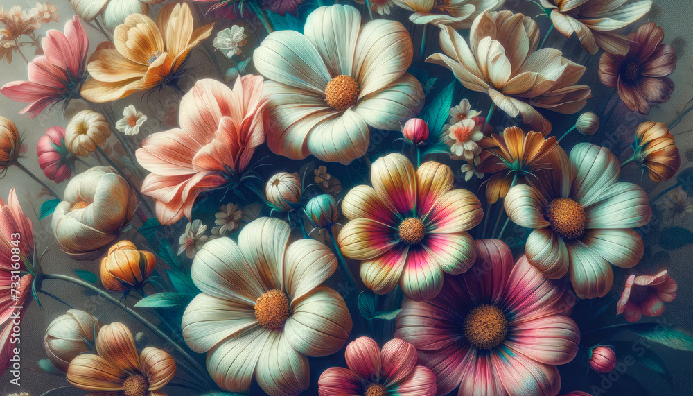 Poster artistic depiction of colorful flowers in full bloom with a soft, dreamy atmosphere. generative ai